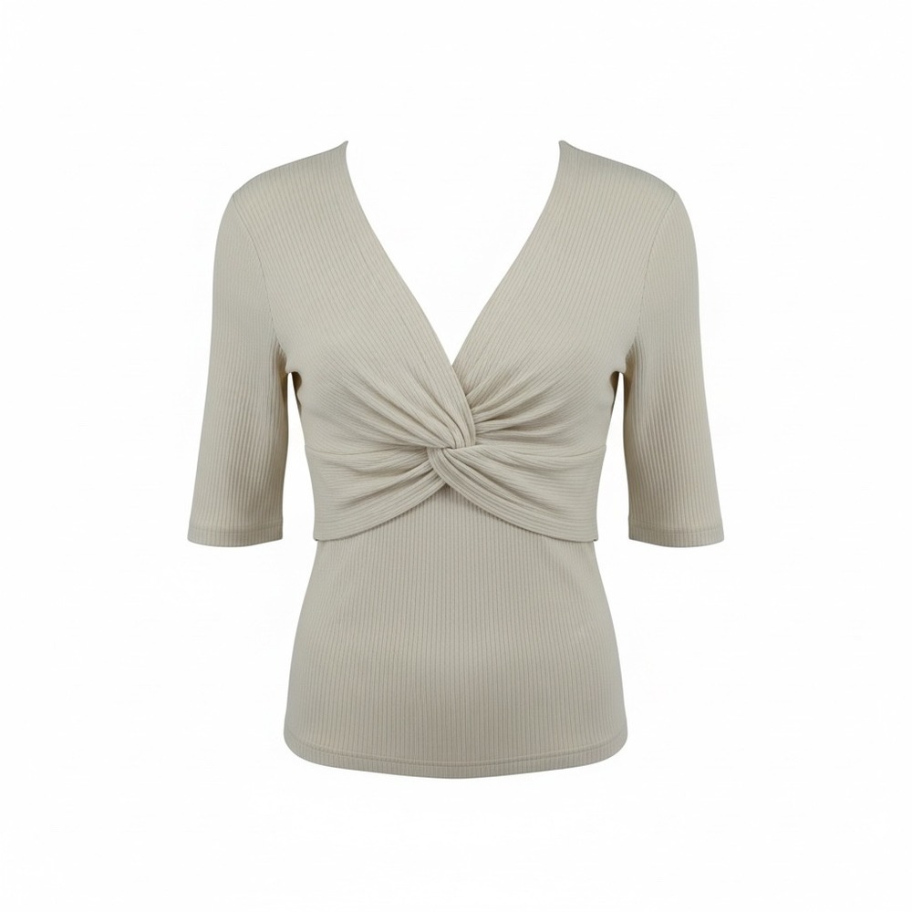 Lauren Ralph Lauren Womens Winter Cream Twist Front Ribbed V-Neck Top Size M NEW